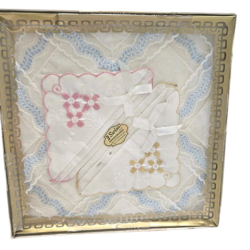 Vintage 3 Swiss Style Handkerchiefs New in Package Embroidered Lace Cotton